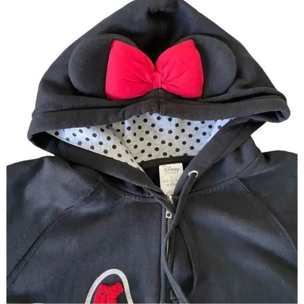 Disney Minnie Mouse Hooded Full Zip Jacket Fleece Lined Hoodie Black Size‎ Large